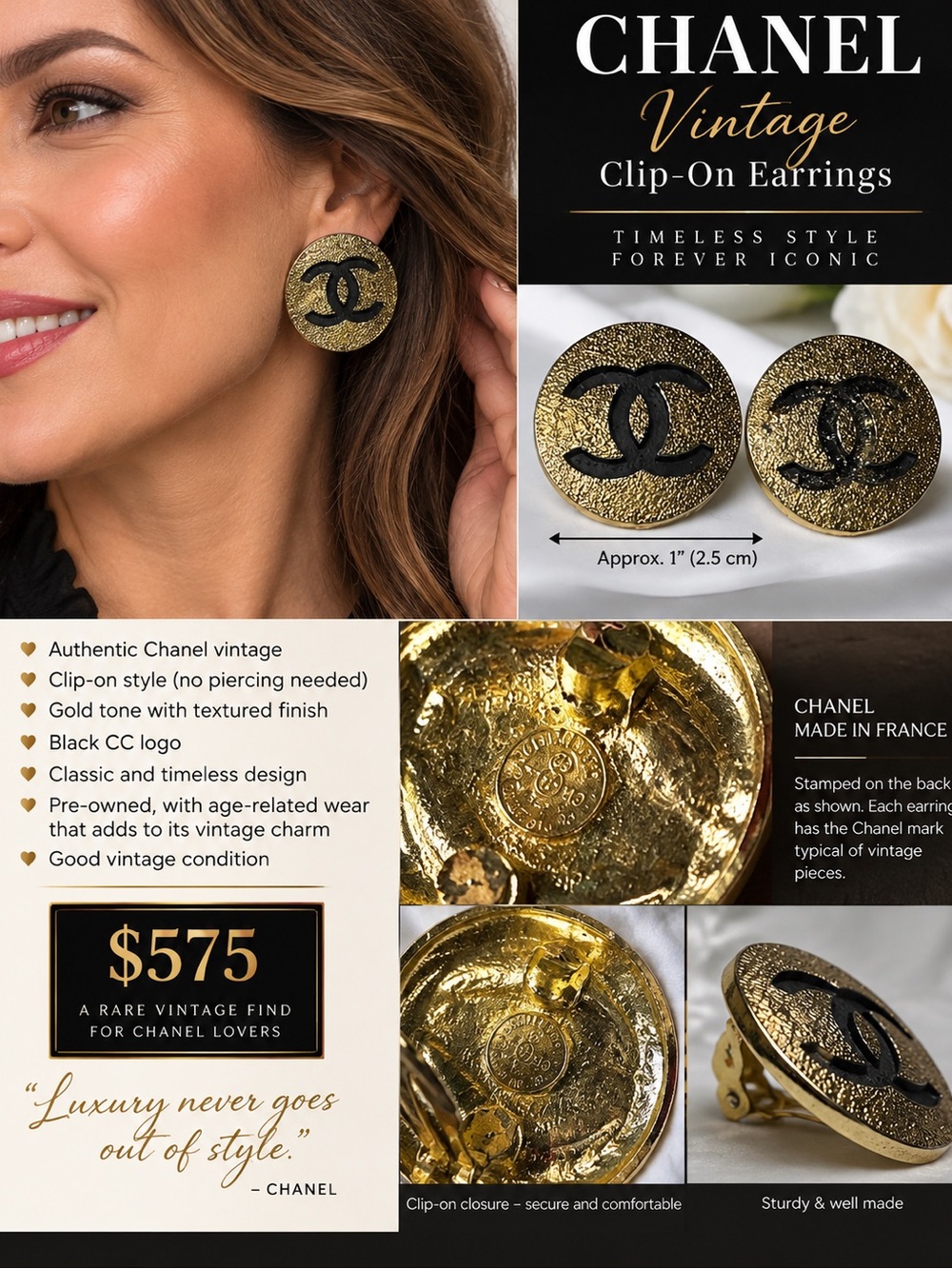 CHANEL Gold and Black CC Round Logo Clip-On Earrings- little wear/tear